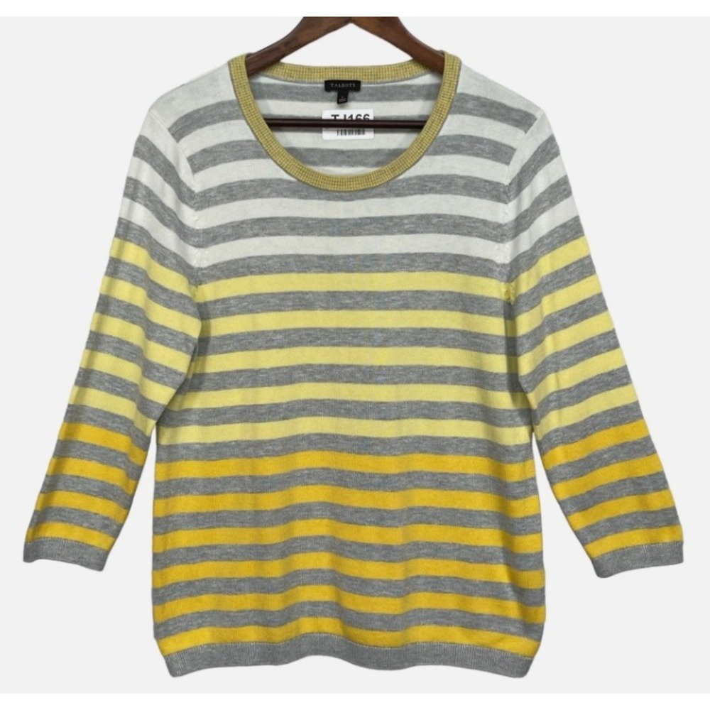 Talbots Womens L Yellow Grey Striped Long Sleeve Crew Neck Pullover Sweater